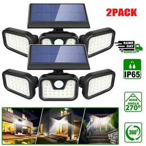 2 Pack Solar Flood Lights Outdoor, Motion Sensor Lights, 3 Adjustable Heads Security Lights, IP65 Waterproof, 180° Wide Lighting Angle Solar Powered Lights for Patio Yard Garage Entryways Porch