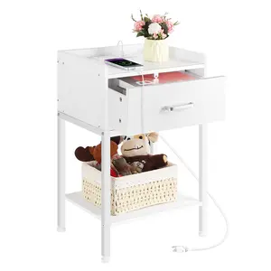 Nightstand with Charging Station and USB Ports, 2-Tier End Side Table with Drawer and Storage Shelf, Rustic Bedside Night Stand for Small Spaces, Bedroom, Living Room, Easy Assembly
