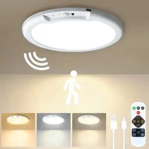 Rechargeable Motion Sensor Ceiling Light with Remote - 3 Color Wireless Ceiling Light Battery Powered Dimmable LED Lights for Shower Pantry Shed Hallway Porch Garage Stairs