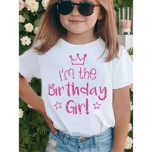 I Am a Birthday Girl Cute Imitation Sequin Letter Printed T-Shirt, Girls' Birthday Clothing Gift, Printed T-Shirt