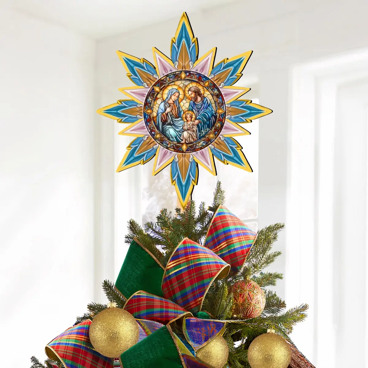 G. Debrekht 89505 Unisex Handmade Farmhouse Traditional Artistic Lightweight UV-Coated Wooden Nativity Star Tree Topper, All Ages Festive Figure, Home & Party Supplies