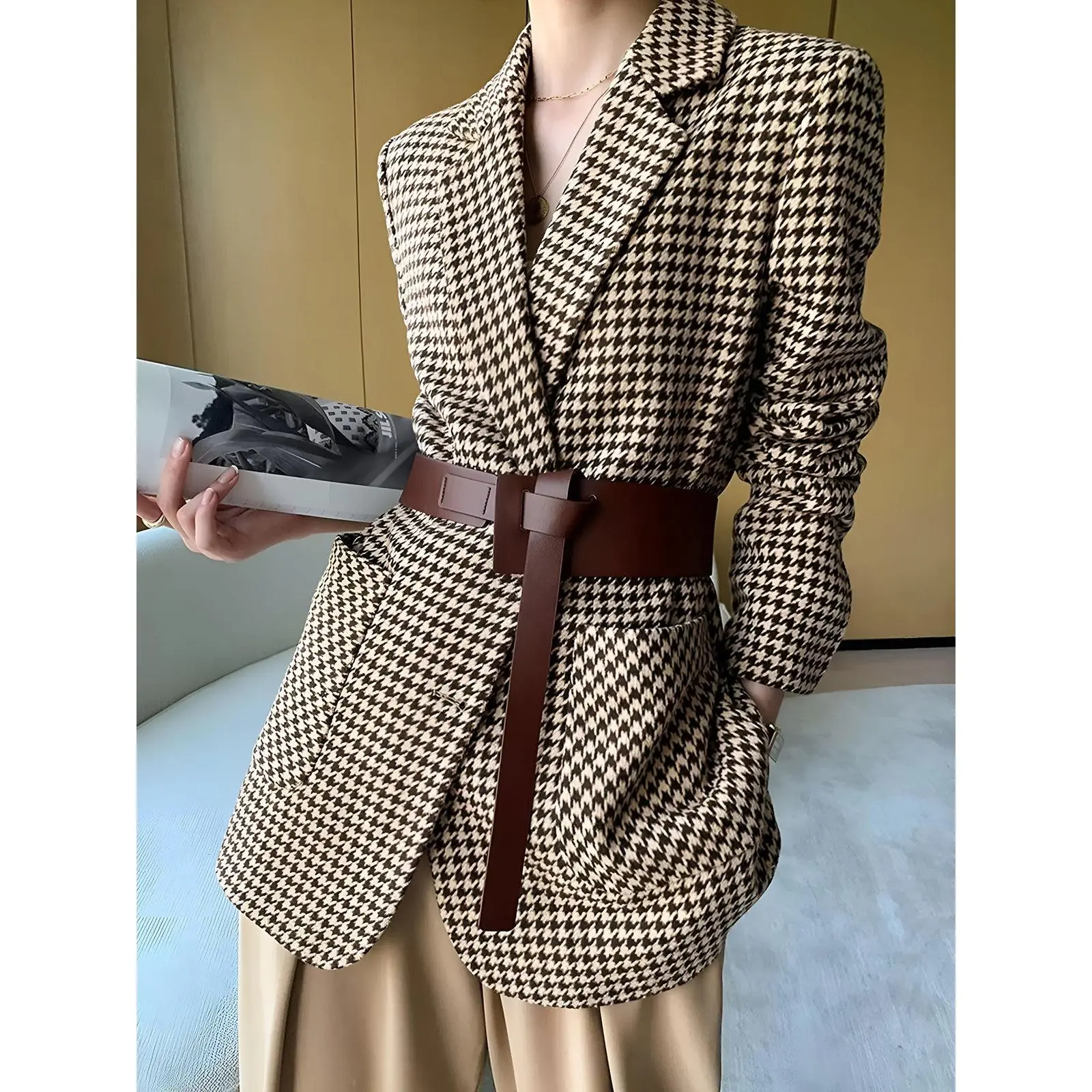 Houndstooth Split Blazer With Belt Houndstooth Split Blazer With Belt