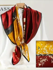 100% Mulberry Silk 34.64" Square Scarf Shawl, Burgundy Classic Architecture Pattern, Luxurious & Elegant, All-Season Versatile, Gift-Wrapped, Perfect Gift for Valentine’s Day, Christmas & Mother’s Day