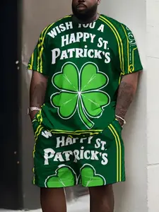 St Patrick's Day Party Set, Four-Leaf Clover & Blessing Print Tee & Track Shorts, Loose Fit Short Sleeve Top