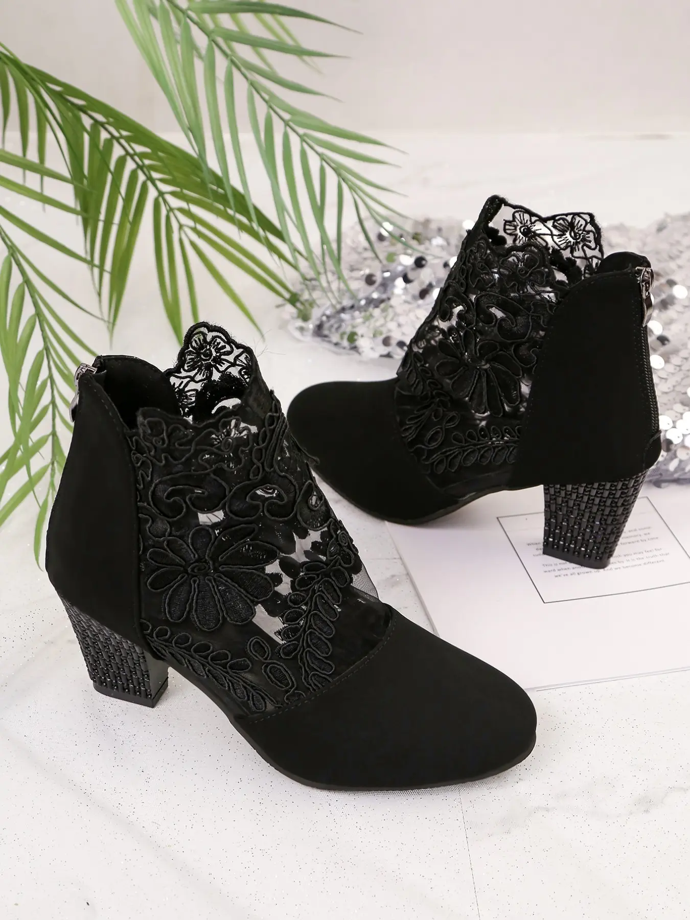 Vintage Lace Embroidery Short Boots, Women Rhinestone Embroidered Boots Chunky Heel Pointed Toe Booties, Party High Heels, Fashion Sandals