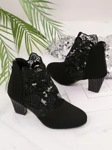 Vintage Lace Embroidery Short Boots, Rhinestone Chunky Heel Pointed Toe Booties, Party High Heels, Fashion Sandals