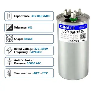CINACE 30/10uF 30/10MFD CBB65 Dual Run Circular and Start Capacitor For Air Conditioner, AC Motor Run, Fan Start, Condenser Straight Cool, Heat Pump, Condenser Unit, HVAC, Ice Maker 370/450VAC 50/60Hz