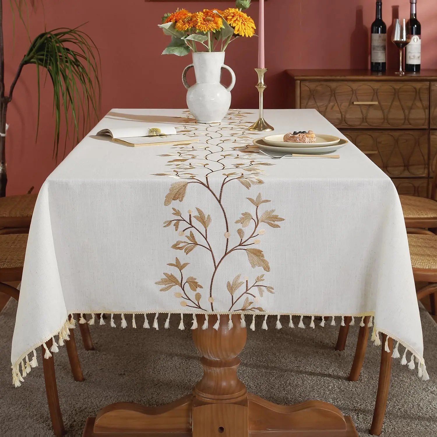 Cotton Linen Waterproof Table Cloth for Dining Table Farmhouse Kitchen Rectangle Tablecloth Coffee Wrinkle Free Tables Cover, Beige, Coffee Flower, 55x70 Inch