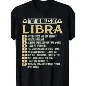 1 Unisex Cotton T-shirt with Libra Constellation Rule Heat Transfer-Casual round Neck Short Sleeves T-shirt, Knitted Fabric, Constellation Printing Suitable for All Seasons, Gift for Men and Women