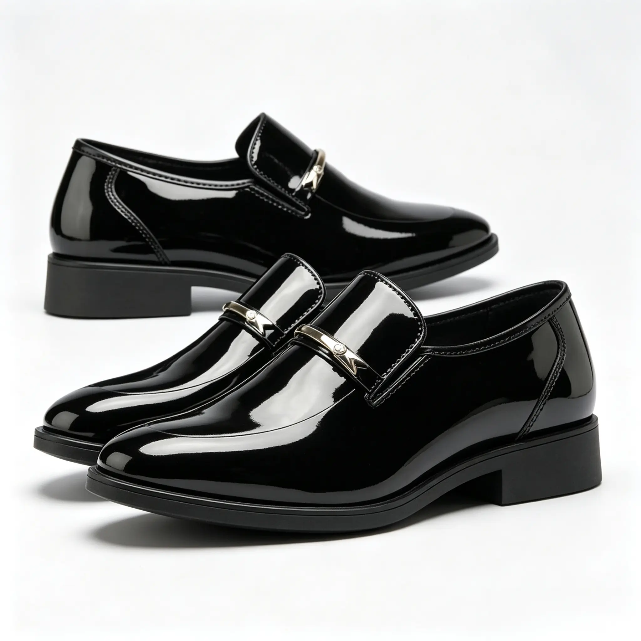 Men's Classic Patent Leather Loafers, Shiny Slip-On Dress Shoes with Metal Buckle for Wedding Party & Business Formal