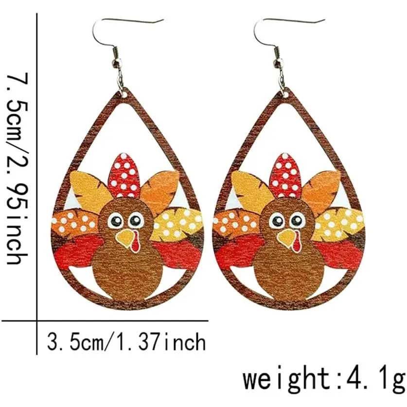 Women's Handmade Wood Earrings - Thanksgiving, Anniversary, Birthday Jewelry Gift with 2 Pumpkin, 3 Turkey, Chicken, Sunflower, Maple Leaf Designs, Wooden Material, 2 Three Pumpkin Earring