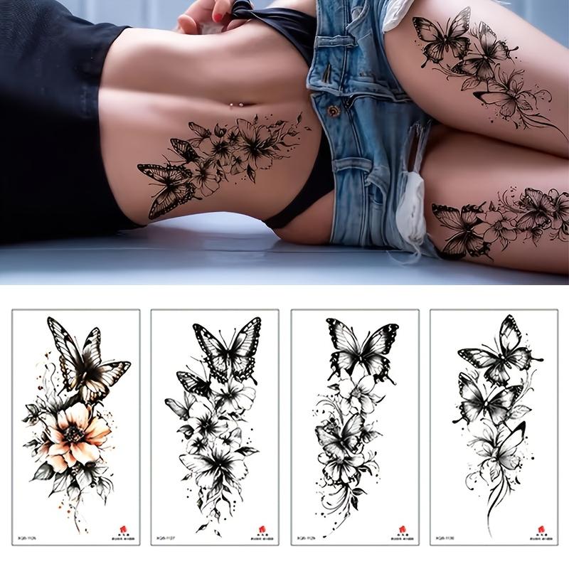 Women's 4-Sheet Assorted Nontoxic Beginner-Friendly Casual Waterproof Fake Tattoos Set, PVC, Floral & Butterfly Designs, Glitter-Free Unscented Body Art for Children