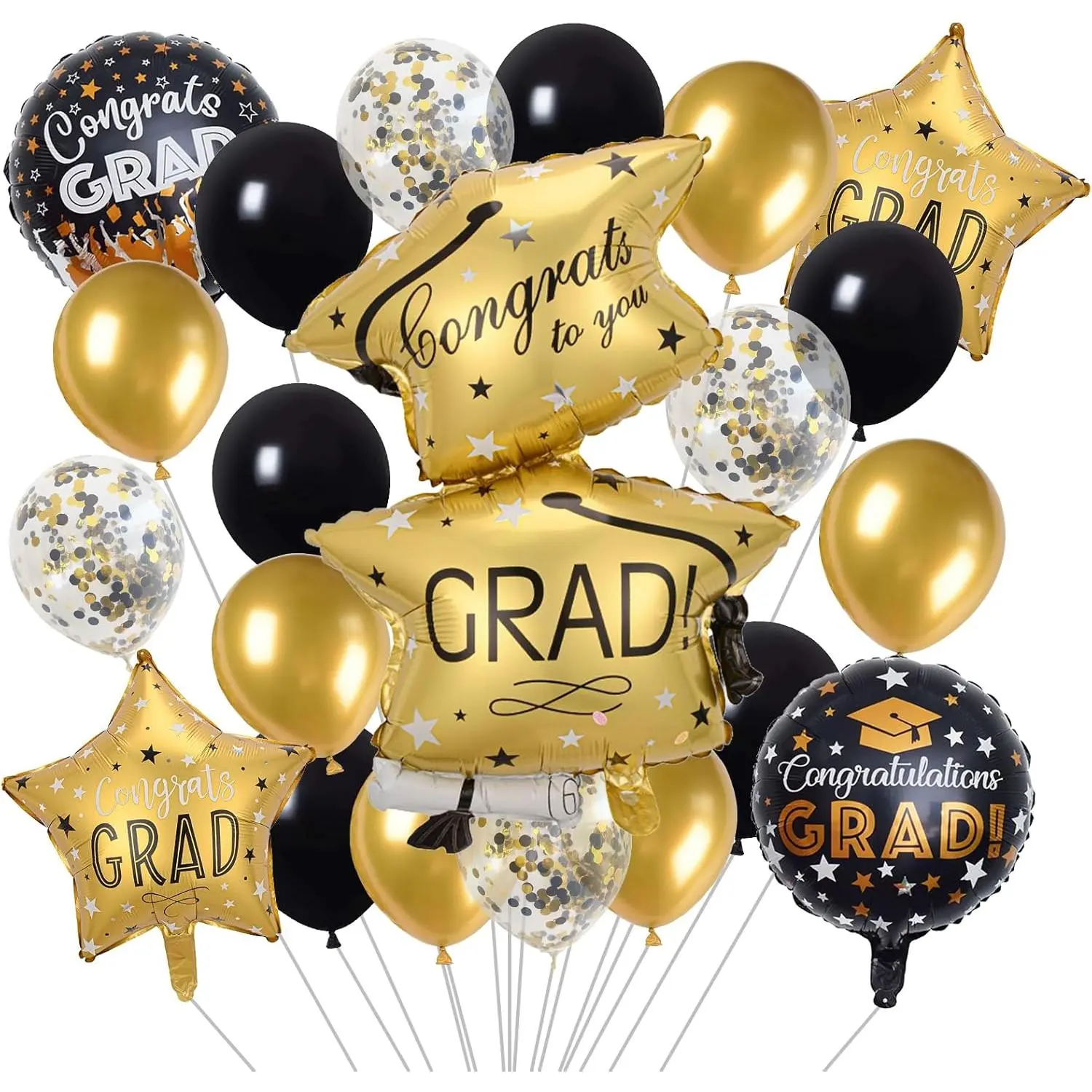 21 PCS Graduation Decorations Balloons, Black and Gold Balloon Grad Cap Round & Star Foil Balloons Congrats Grad for Boy Girls Graduation Party Decorations Supplies