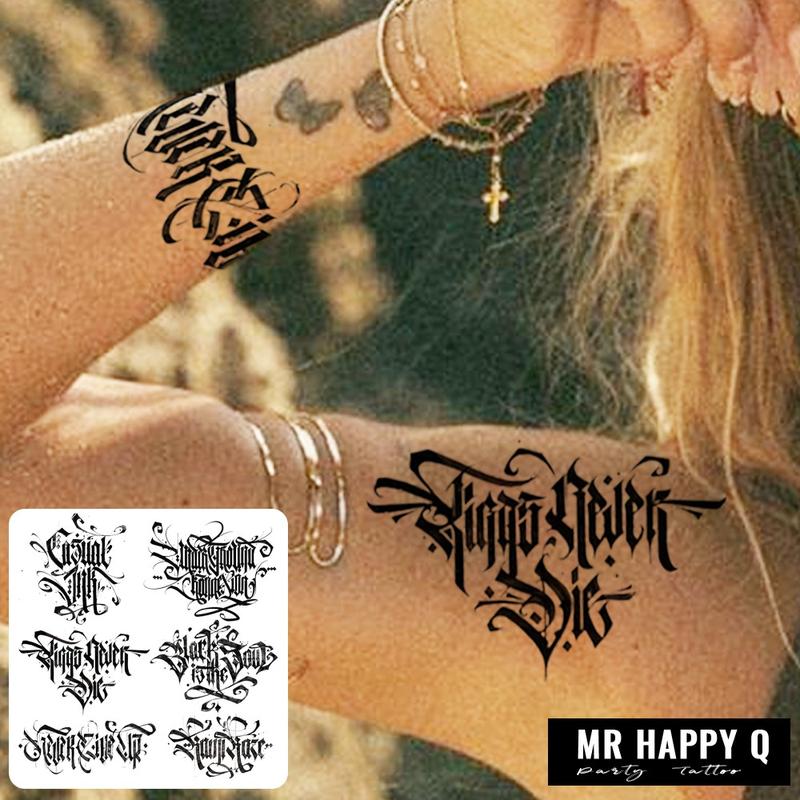 One temporary tattoo sticker, eye-catching cursive lettering tattoo sticker - street graffiti style "KINGS NEVER DIE" and other lettering designs, cool and casual temporary tattoo stickers for men and women on hands, neck and head, street clothing accesso