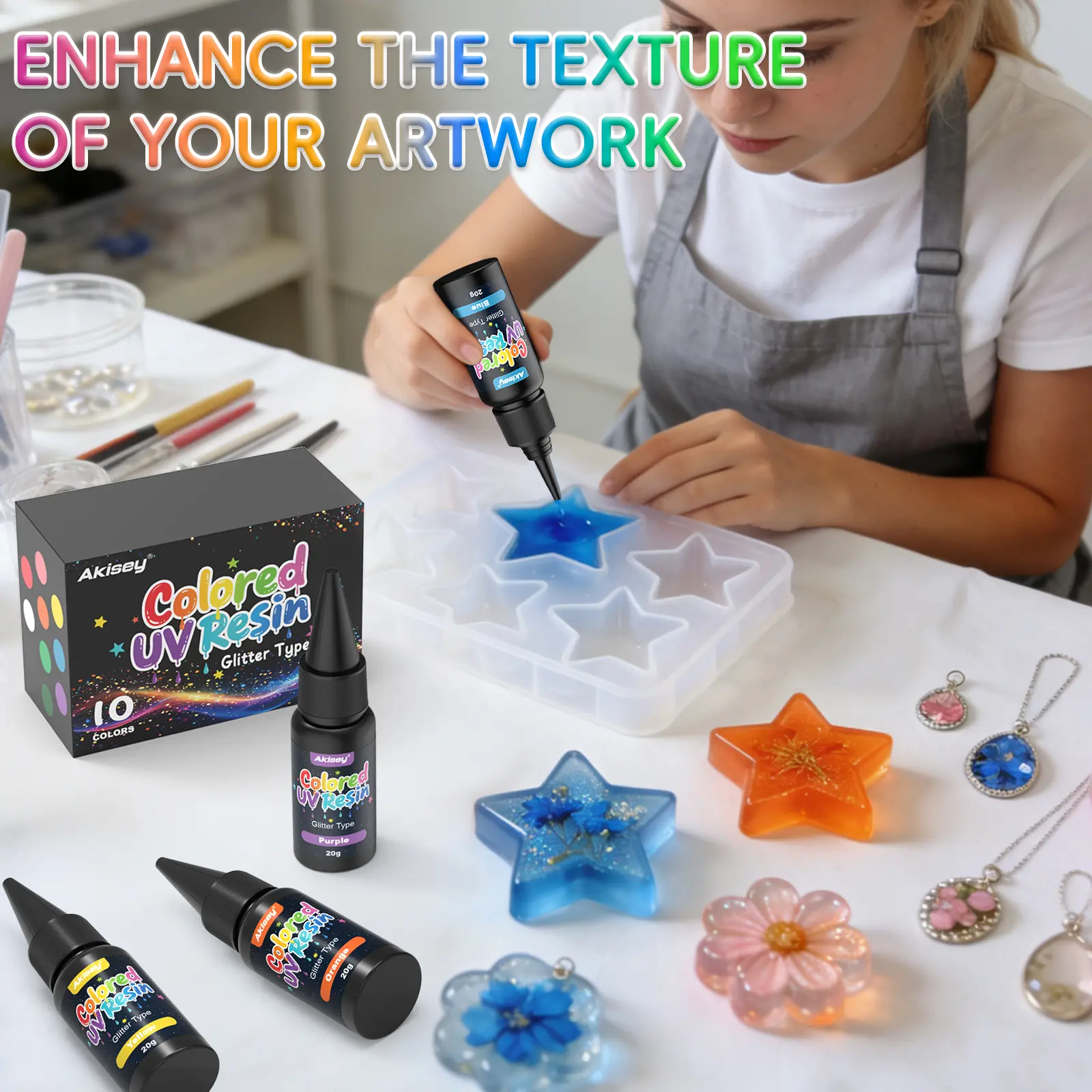 Akisey Pearl Powder UV Resin, 10-Color Series (20g Per Color) Colored UV Resin with Low Odor And Minimal Bubbles, Suitable for Resin Casting And Coating, Jewelry Making, And Decorative Crafts., Diy Resin Art, Resin Casting Material.