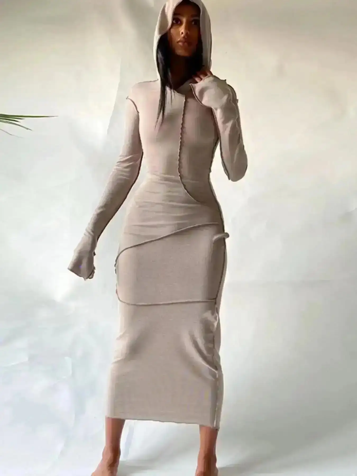 Exquisite Women's Plain Drop Shoulder Hooded Bodycon Dress, Casual Long Sleeve Solid Long Dresses for Fall & Winter, Women's Clothing Women Fashion Feminine Ladies Breathable Trendy Lightweight Classic Elegant