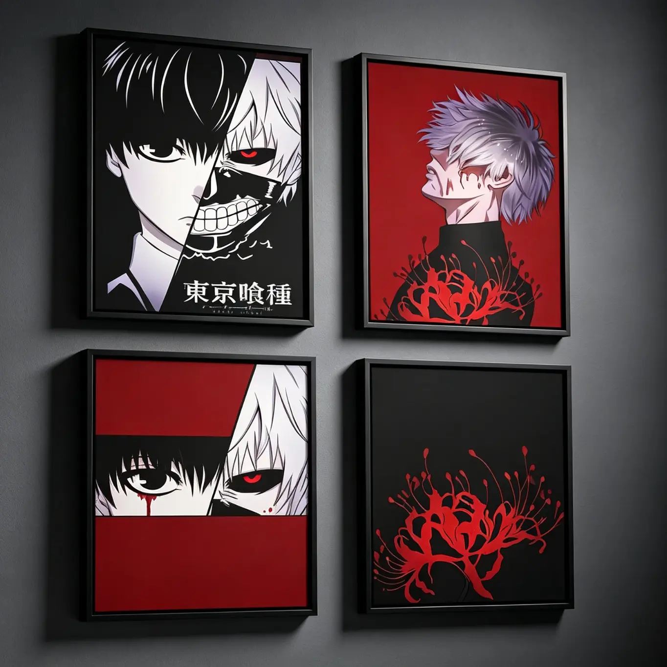 Minimalist Tokyo Ghoul Kaneki Ken Canvas Wall Art Set - Red & Black Anime Prints, Dark Aesthetic Home Decor for Anime Fans