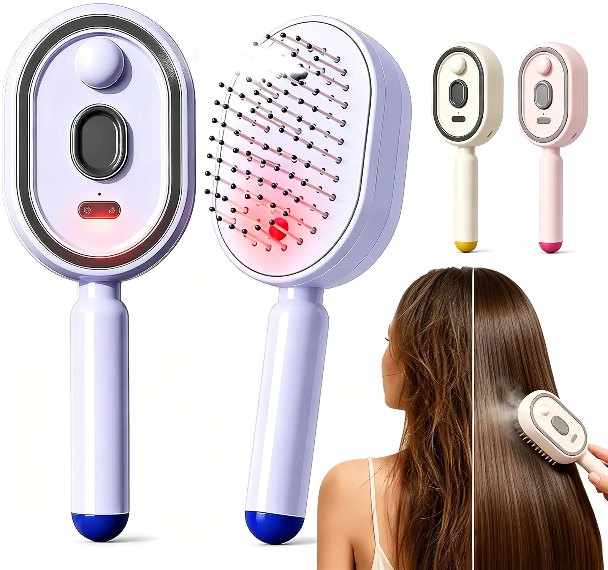 Electric Air Cushion Massage Comb | Nano Fine Mist Essential Oil Aromatherapy | Red Light Therapy | Self-Cleaning Retractable Design | Anti-Static Anti-Tangle Volumizing Hair Brush for Scalp SPA Care