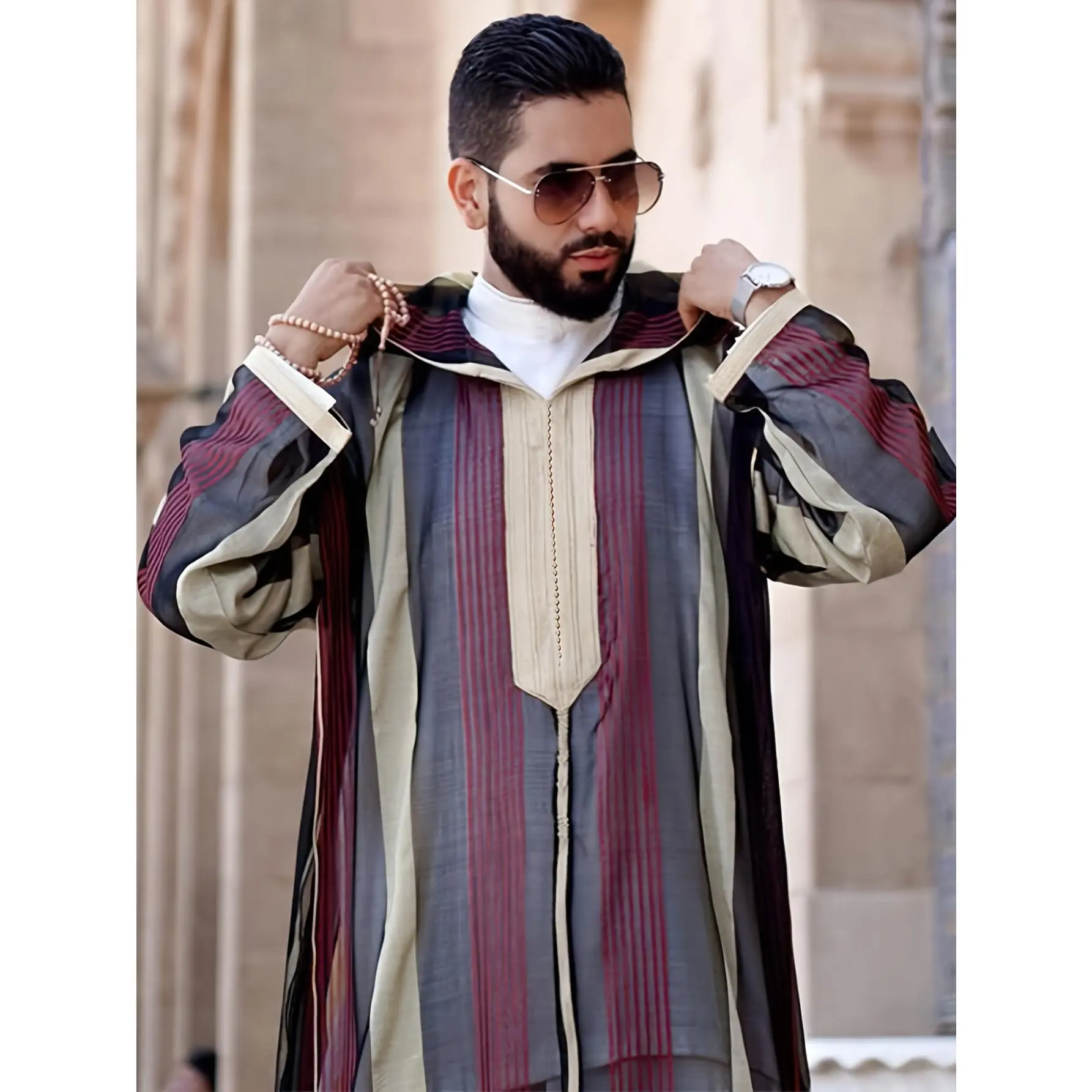 [Men's Arabic Kaftan] Traditional Breathable Men's Arabic Kaftan Robe |   Striped Hooded Long Sleeve with Purple & Beige Vertical Stripes, Loose Fit for Ramadan Eid al-Adha & Gulf Festival, Muslim Holiday Attire, Cultural Wear, Lightweight Fabric