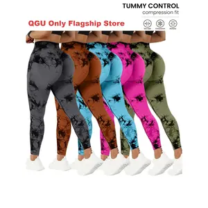 QGU 5-Pack High Waist Tummy Control Yoga Pants For Women, Summer Tie.Dye Fitness Leggings, Stretchy Running Peach Lift Workout Tights,Assorted Colors High Waisted Yoga Sportswear Bottoms