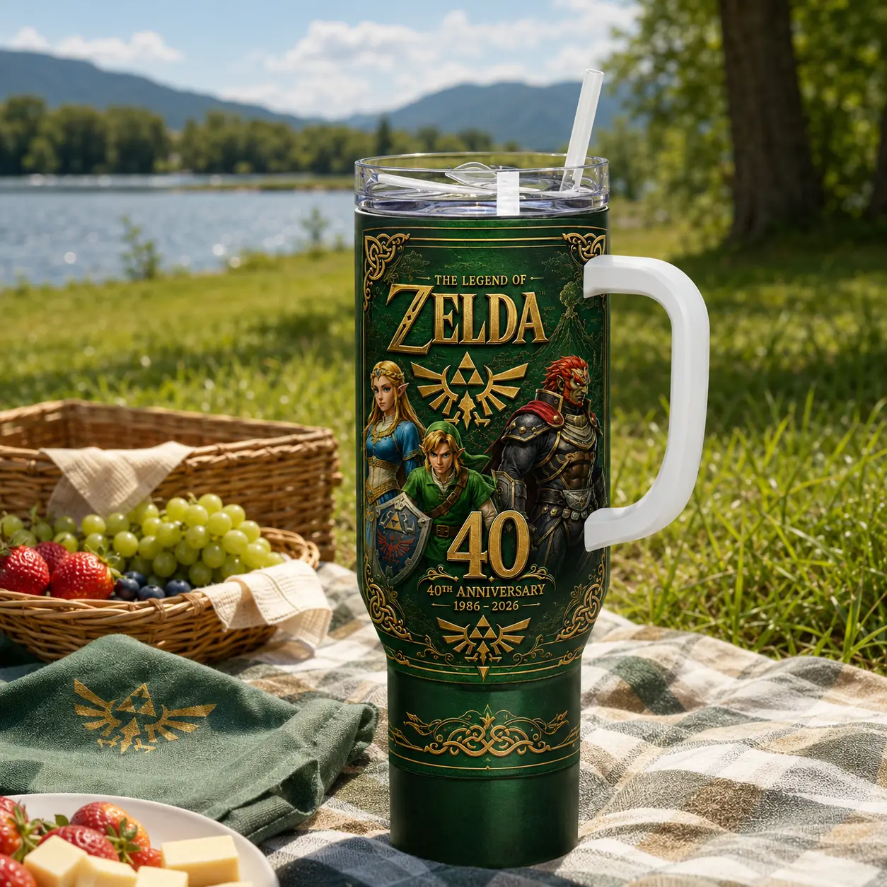 The Legend of Zelda 40th Anniversary 1986–2026 40oz Stainless Steel Tumbler with Handle and Straw, Link and Princess Zelda Hyrule Adventure Insulated Travel Mug, Master Sword Triforce Gamer Cup, Back to School Gift for Fans