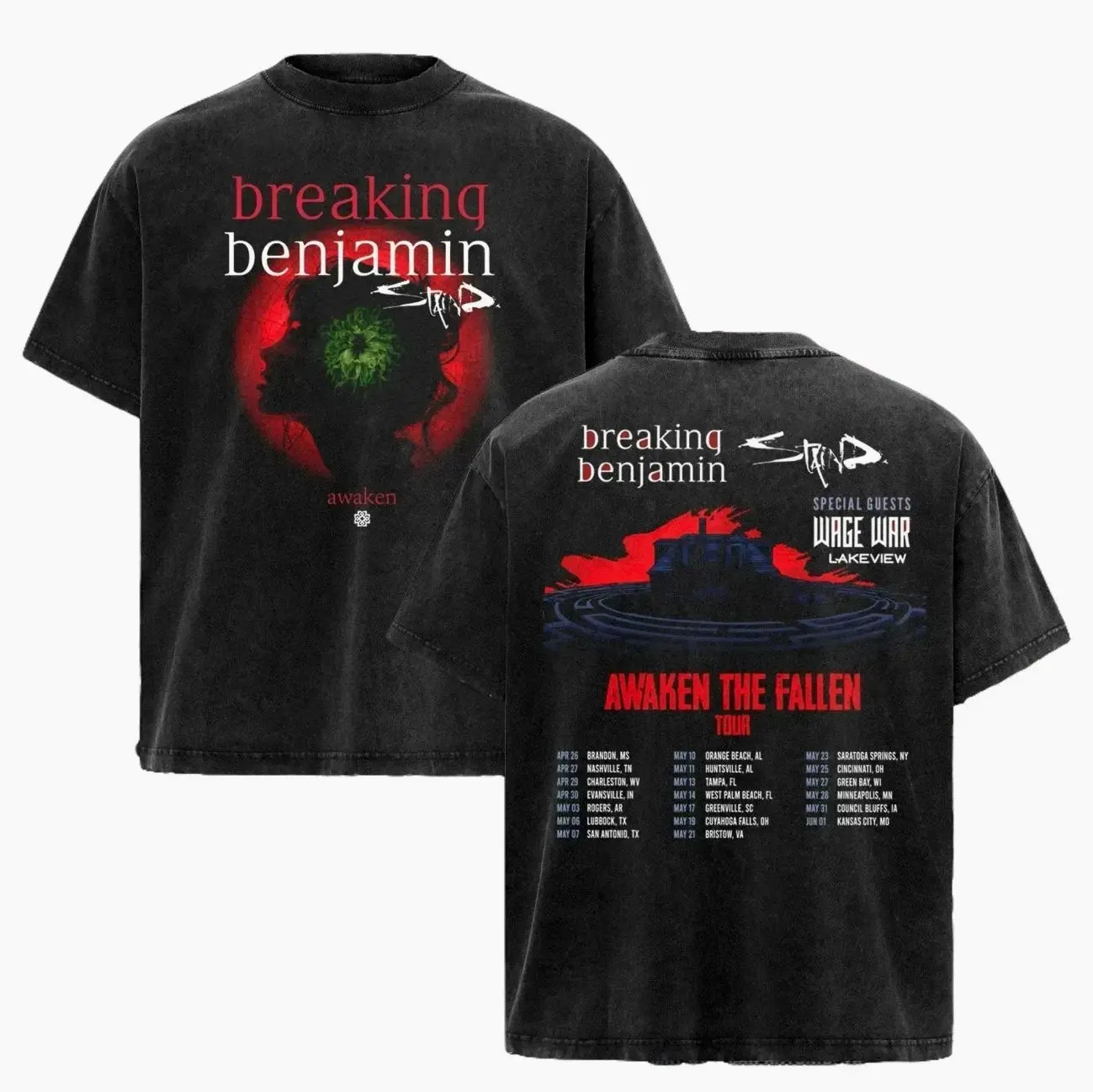 Short-Sleeve Breaking Benjamin Shirt - Awaken the Fallen Tour Washed Tee, Metal Rock Band Merch, Alternative Grunge Aesthetic Vintage 90s Graphic Top, Casual Fashion Streetwear Menswear AOS