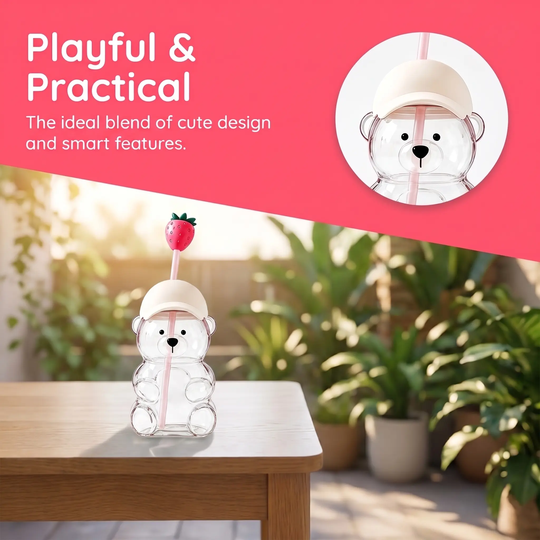 Cartoon Bear Borosilicate Glass Tumbler 600ML, Straw Topper & Baseball Cap Lid Water Bottle, Creative Holiday Gift for Women Students
