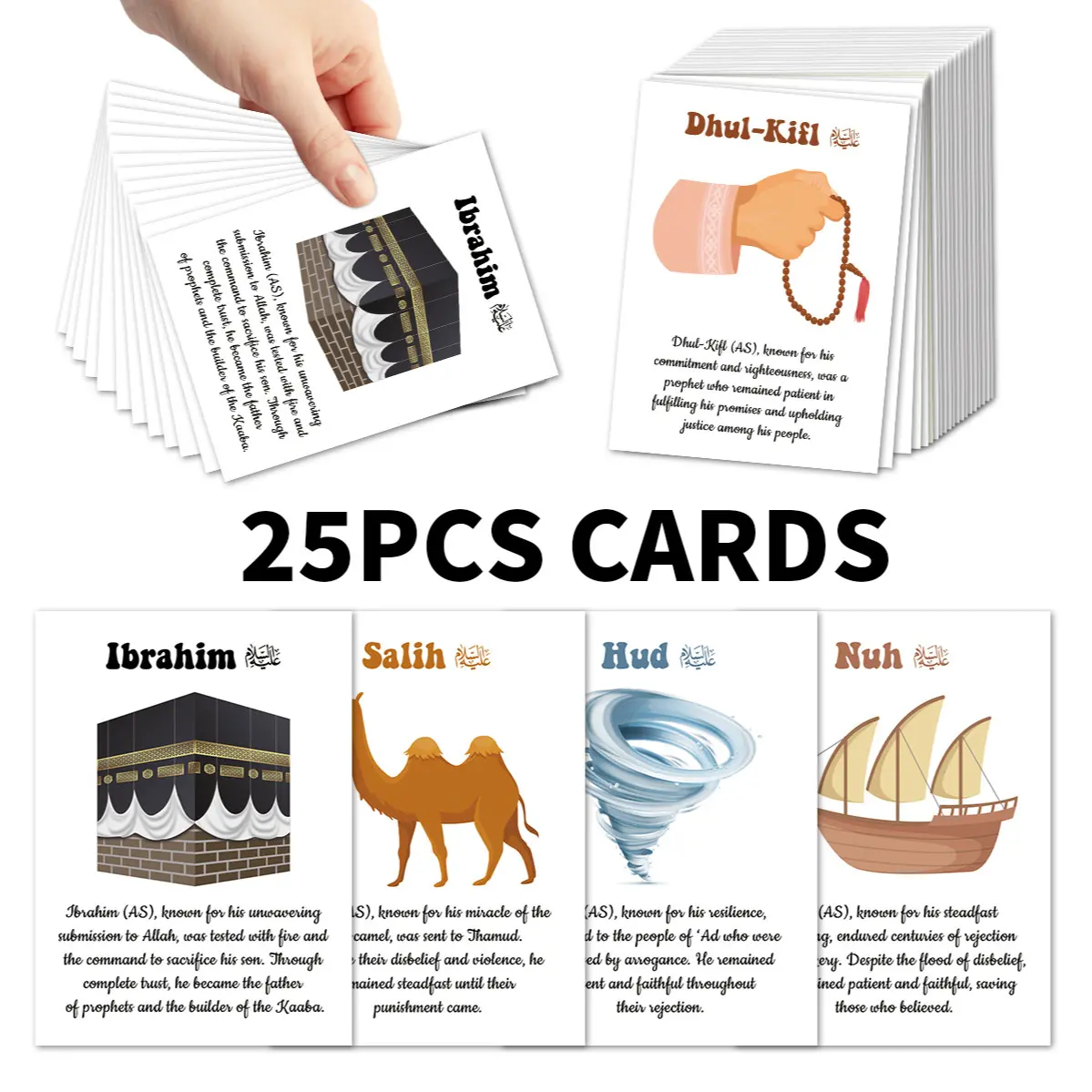 25pcs Islamic Prophet Introduction Cards, Islamic Learning Cards, Prophets Cards with Illustrated Scenes, Word Cards, Study Cards, Bilingual Flashcards, Ramadan & Eid Gift for Muslim Friends and Family