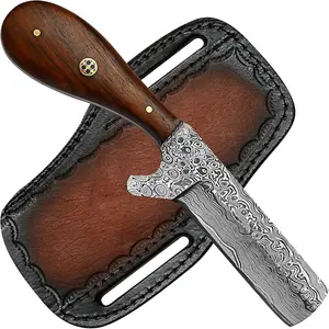 Handmade Damasucs Steel 7.4 Inches Bull Cutter Cowboy Knife - Full Tang with Pancake Leather Sheath