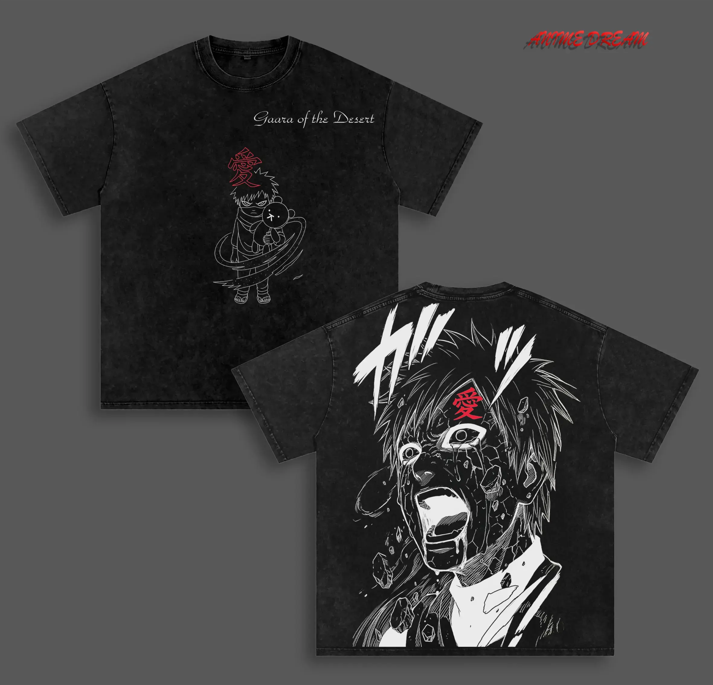 Men's Oversized Gaara of the Desert Graphic Streetwear Tee - Unisex Short-Sleeve Round Neck Vintage Washed Heavyweight Cotton Double-Printed Anime Manga Top