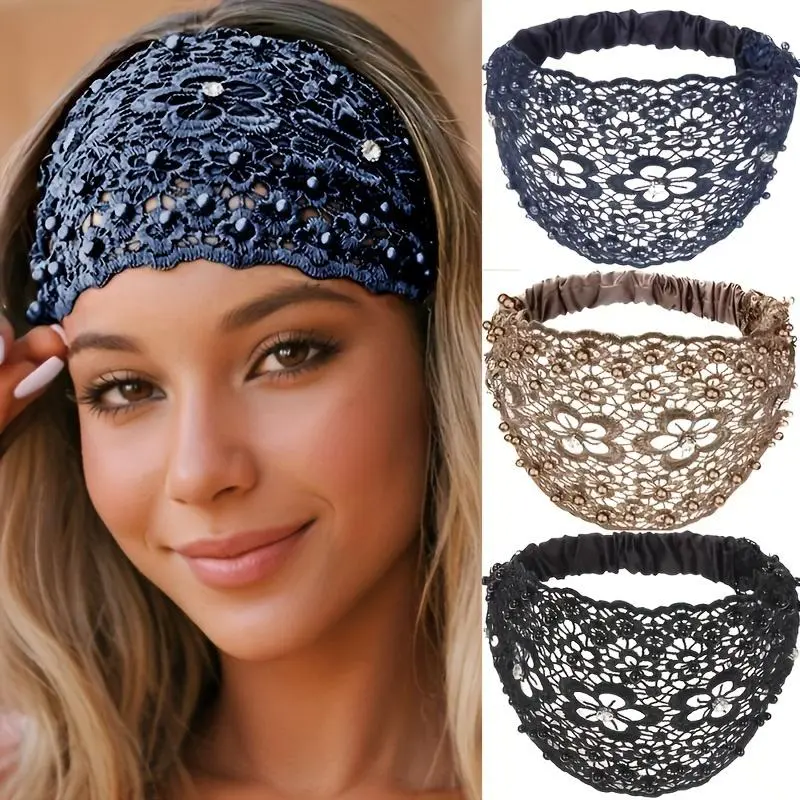 Cubidupi Boho-Chic Wide Headband for Women, 3-Piece Set with Crystal & Pearl Embellishments, Bling Hair Fashion for Weddings & Daily Styling, Accessories For Women, Hair Accessories, Headbands For Women