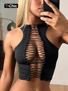 Women's Solid Color Lace Up Crop Short Tank Top, Fashion Casual Sleeveless Cropped Top for Daily Outdoor Wear, Ladies Clothes for Summer, Womenswear