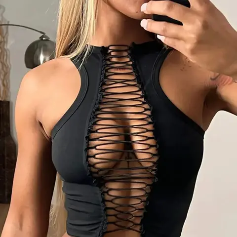 Women's Solid Color Lace Up  Crop Tank Top, Fashion Casual Sleeveless Top for Daily Outdoor Wear, Ladies Clothes