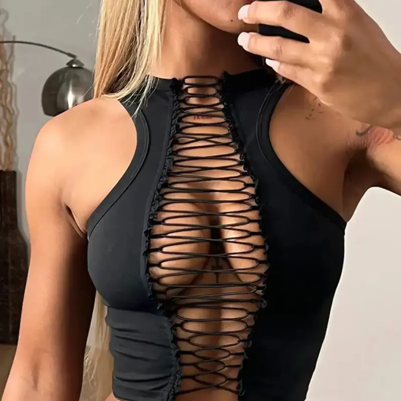 Women's Solid Color Lace Up Crop Tank Top, Fashion Casual Sleeveless Top for Daily Outdoor Wear, Ladies Clothes, Skinny