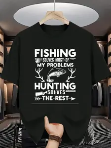 Humorous Men's Fishing and Hunting T shirt Light Beige Outdoor Enthusiast Gift for Anglers and Hunters Easy Care Casual Summer Wear