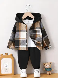 Outdoor Baby Boys Plaid Patchwork Hoodie with Front Pocket and Casual Fashion Pants Set, All Seasons Woven Fabric, Fitted Style, Baby Boy Clothes