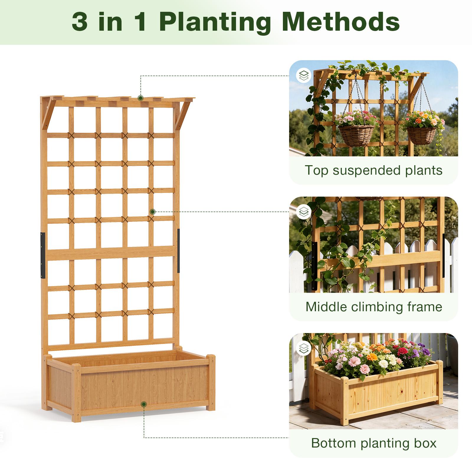 Aoxun 36 Inch Wood Planter with Trellis, Raised Bed for Climbing Vine Plants, Outdoor Garden Trough Planter Box for Patio Backyard Yard
