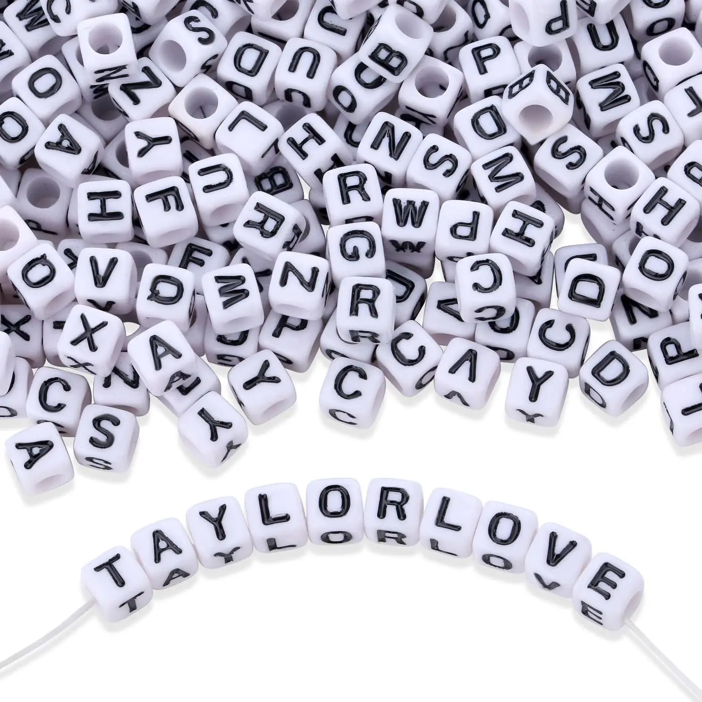 6x6mm Sanded and Polished Acrylic Alphabet Letter Beads - 1500PCS Black Letters White Cube Beads with Smooth Surface for Jewelry Making, Personalized Necklaces, Wedding Decorations
