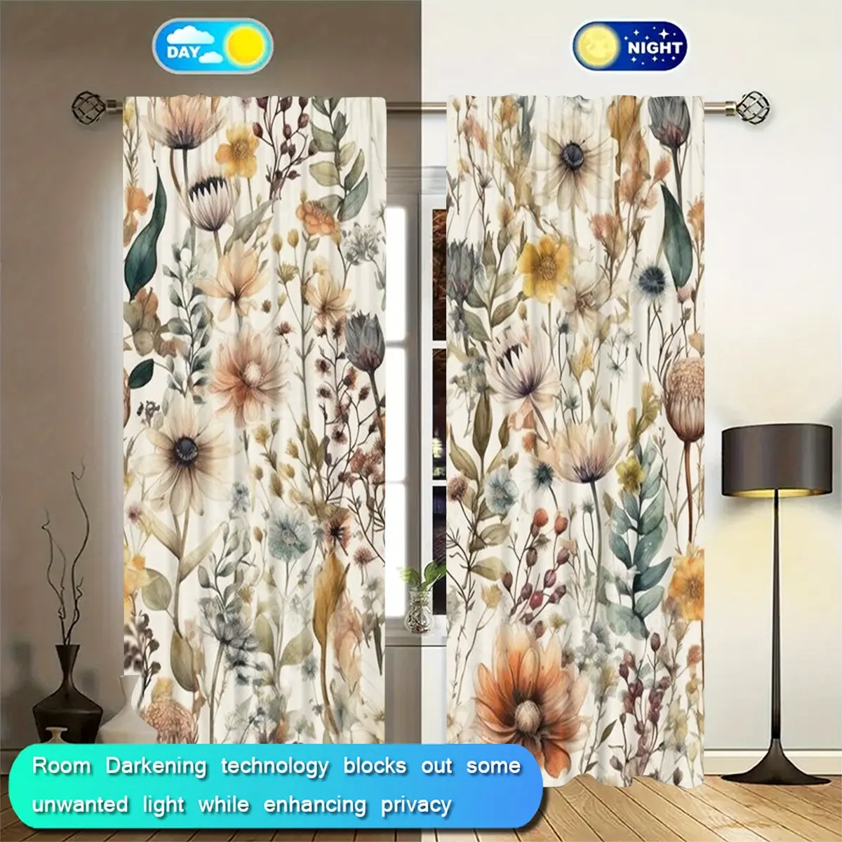Floral Print Curtain, 2 Counts/set Wild Plant Flower Design Curtain, Easy Install Curtain, Window Drapes, Window Treatment for Home Living Room Bedroom Kitchen Bathroom Office, Home Decorative Curtain, Interior Decoration Accessories