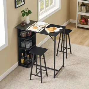 【Christmas Gift】3-Piece Bar Table and Chairs Set, Space-Saving Dining Table with Storage Shelves, Square Bar Table with 2 Bar Stools for Kitchen Breakfast, Living Room, Party Room Black