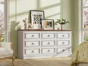 Farmhouse 9 Drawer Dresser for Bedroom, 60" Wide Chest of Drawers with Roman Column, White Wood Dresser with Antique Bronze Circle Handles, Storage Organizer for Living Room, Hallway, Entryway