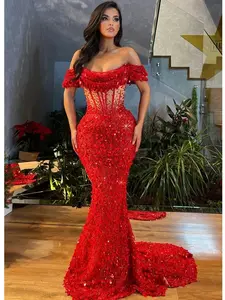 Luxury Prom Gowns for Women Elegant Red Off Shoulder Sequines Corset Maxi Long Sparky Dresses Birthday Celebrity Evening Gowns