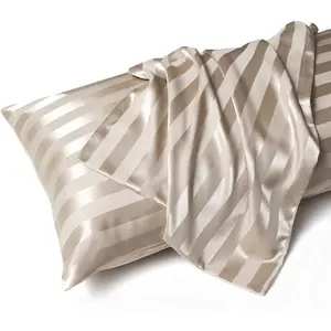 Set of 2 Satin Pillowcases with Striped Pattern, Envelope Closure, Hotel Quality Bed Pillows Protectors, Soft Cool Fabric, Silky Bedding Sheets