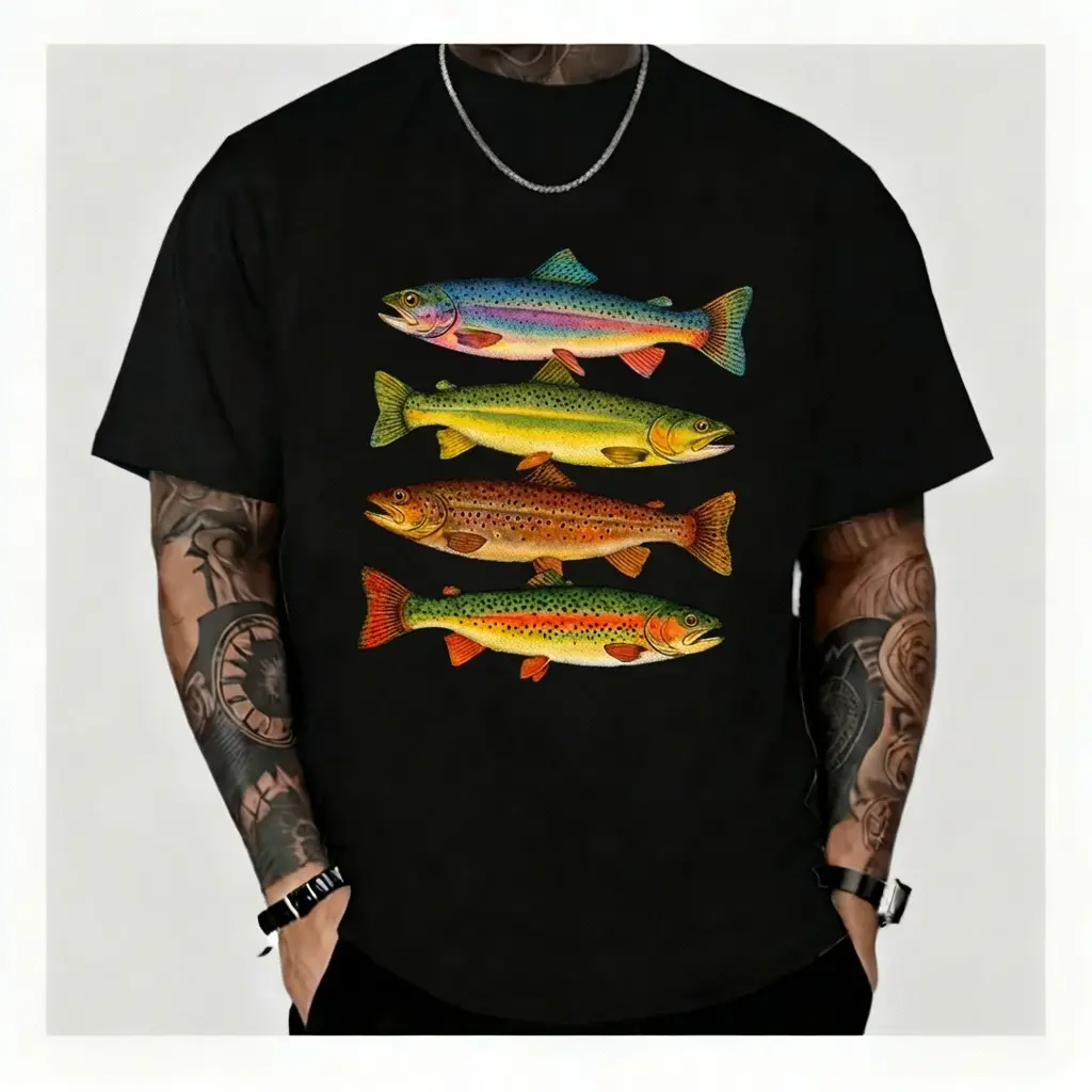 Men's Premium Cotton Vintage Trout Graphic Short-Sleeve Round-Neck T-Shirt - Soft Bestie Day Top for Anglers, Retro Fly Fishing Casual Streetwear
