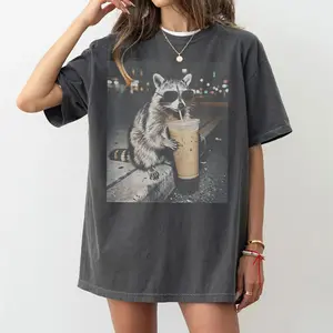 Comfort Colors Raccoon Drinking Iced Coffee Shirt, Retro Prehistoric Shirt, Gift For Animal Lover, Funny Animal Meme Tee, Coffee Raccoon Tee