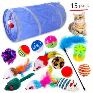 15 indoor cat toys, foldable cat tunnel, interactive feather teasing stick, kitten ball toy, multiple cat teasing toys, pet cat self fun toy combination