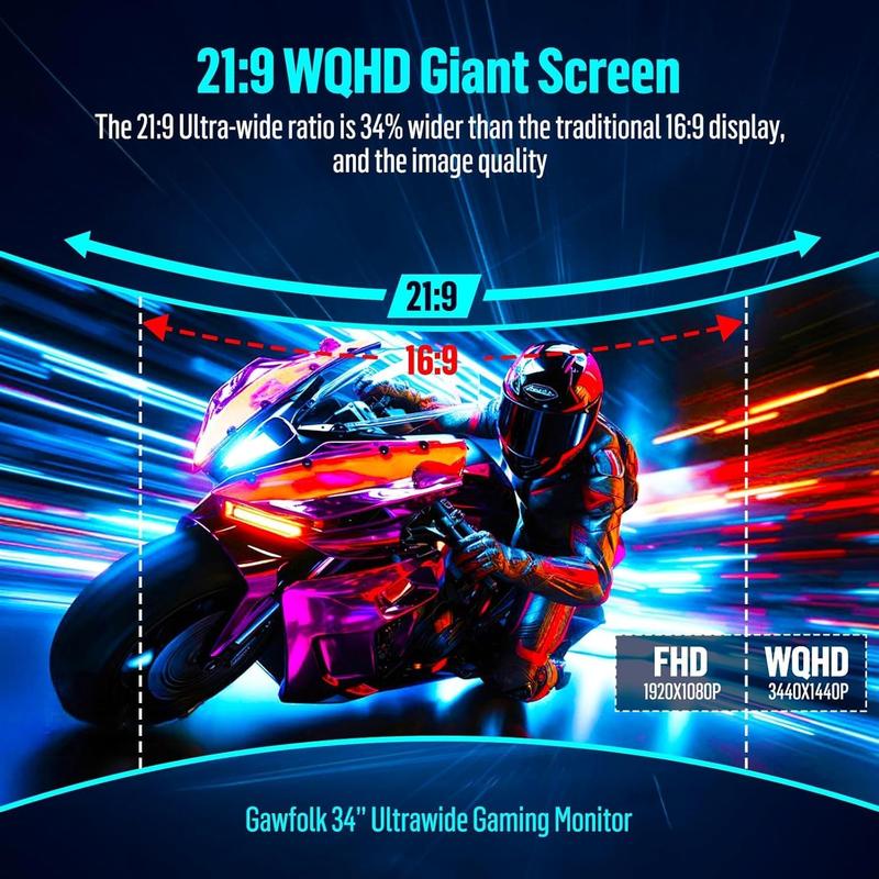 34 Inch Ultrawide Curved Gaming Monitor, 1500R PC Screen 165hz UWQHD 3440x1440, Curved Computer Screen with FreeSync,Multi-Directional Adjustable Base