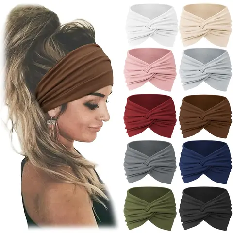 Women's Stretchy Headbands (10PCS) - Non-Slip Soft Fabric Kitchen Accessories, 9.2in Long, 5.1in Wide Carefully Designed Size Full-Back Wrap, Individually Wrapped Sweatband with Cute Patterns for Everyday, Beach Use (Ideal for Moms)