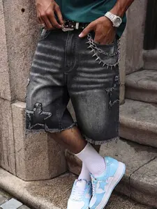 Men's Post-Apocalyptic Star Frayed Hole Denim Shorts, Loose Fit Casual Streetwear, Summer Pants for Parties and Travel