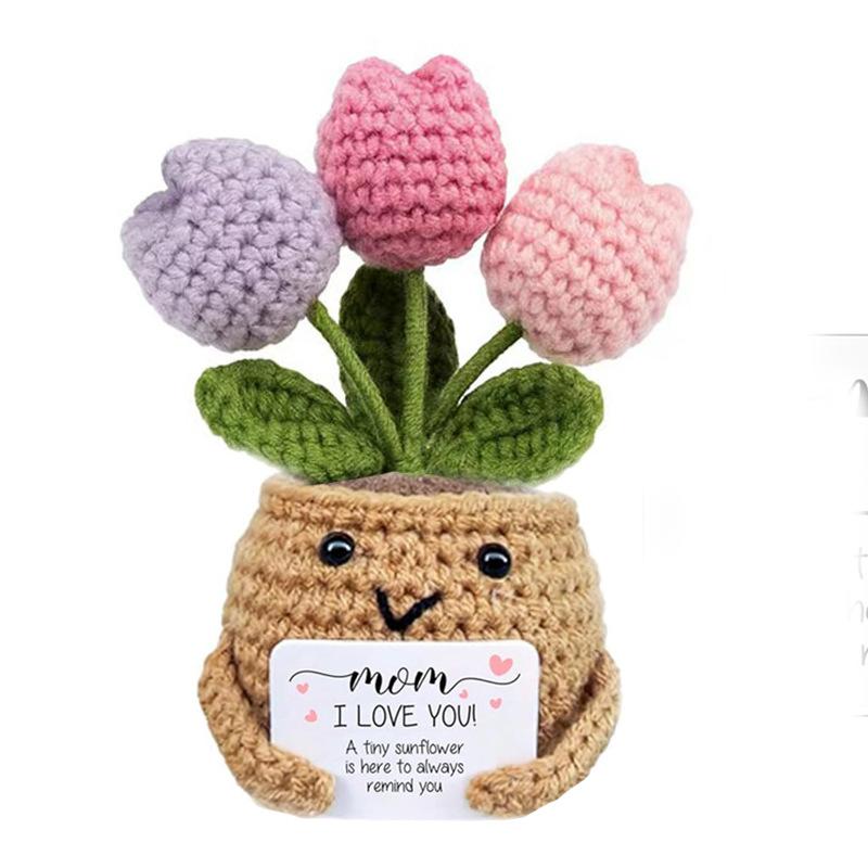 Handmade Crochet Artificial Potted Flowers - Decorative Home Accessory with Shipping Included, Cute Girly Gift for Best Friend Birthday, GF Gift for Desktop Ornament